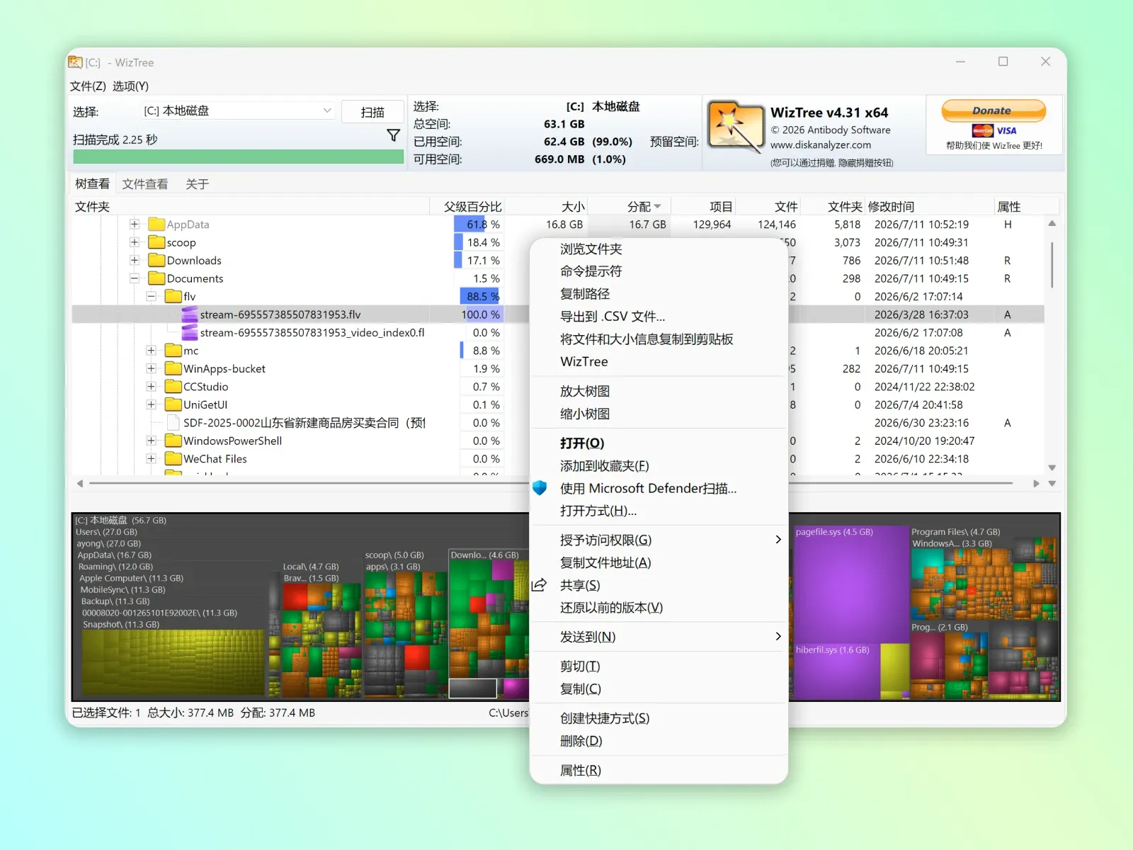WizTree 按文件大小排序的列表视图